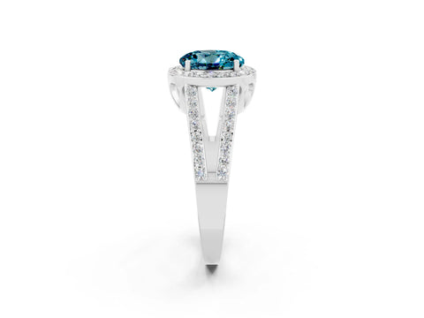 White gold Round Cut Blue Topaz Halo Ring with Split Shank U-Prong Band and Four-Prong Setting_2