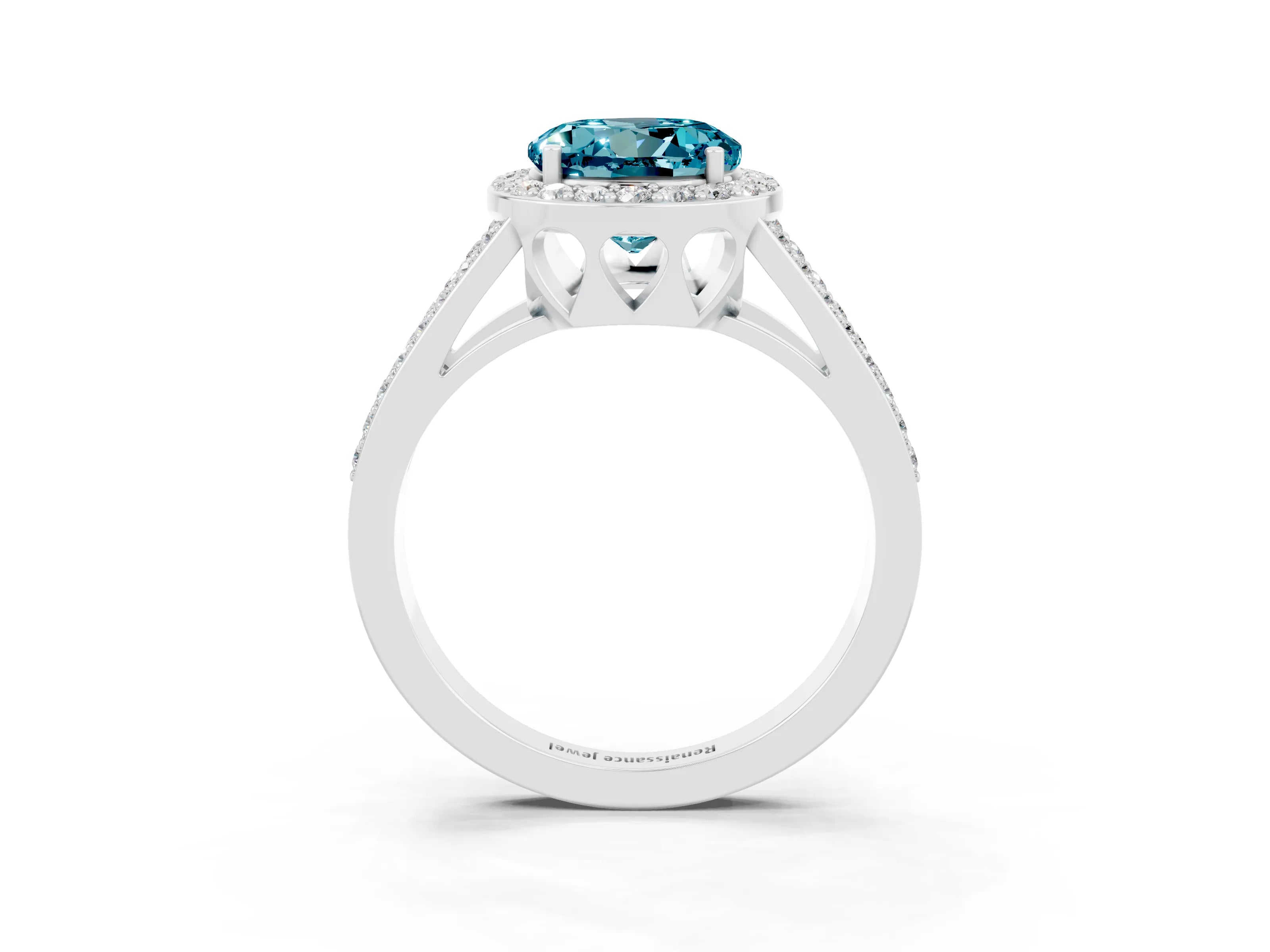 White gold Round Cut Blue Topaz Halo Ring with Split Shank U-Prong Band and Four-Prong Setting_3