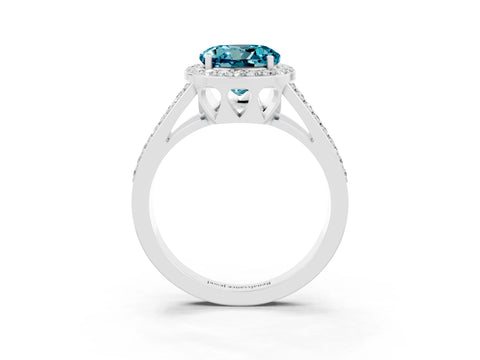 White gold Round Cut Blue Topaz Halo Ring with Split Shank U-Prong Band and Four-Prong Setting_3