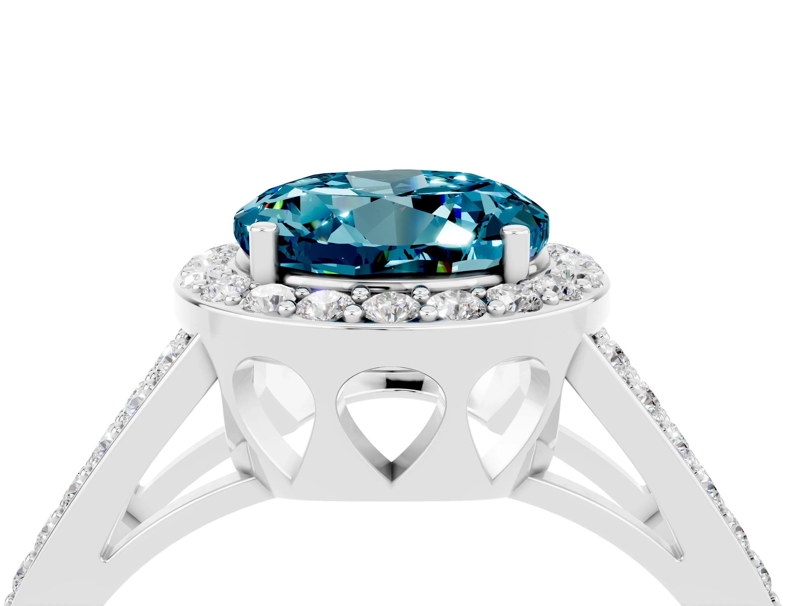 White gold Round Cut Blue Topaz Halo Ring with Split Shank U-Prong Band and Four-Prong Setting_4