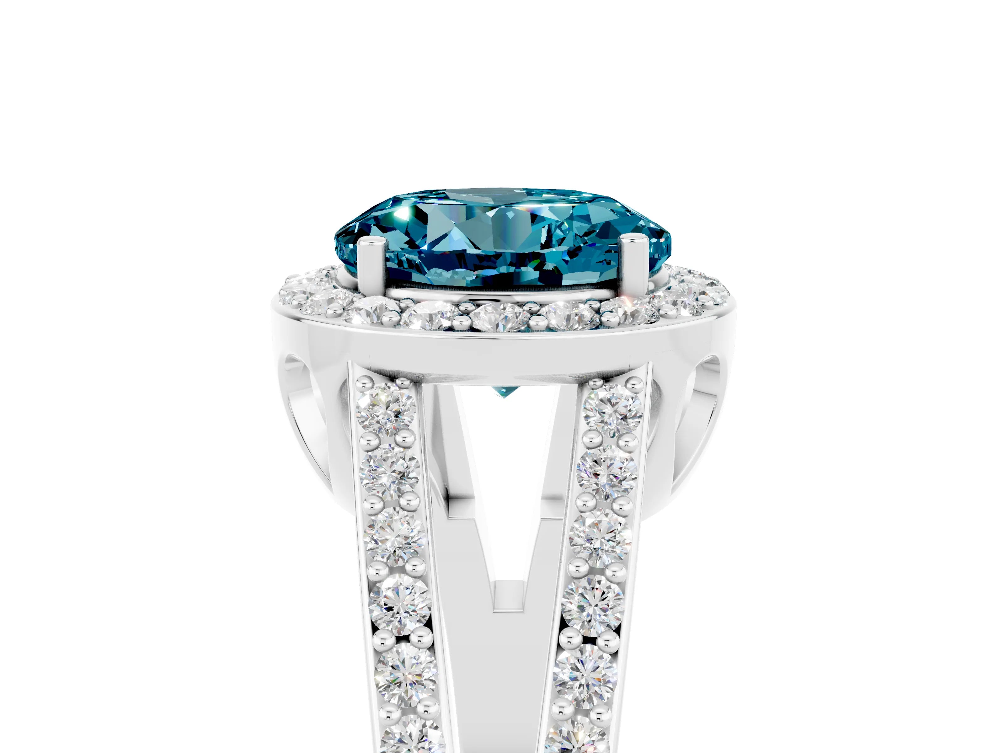 White gold Round Cut Blue Topaz Halo Ring with Split Shank U-Prong Band and Four-Prong Setting_5