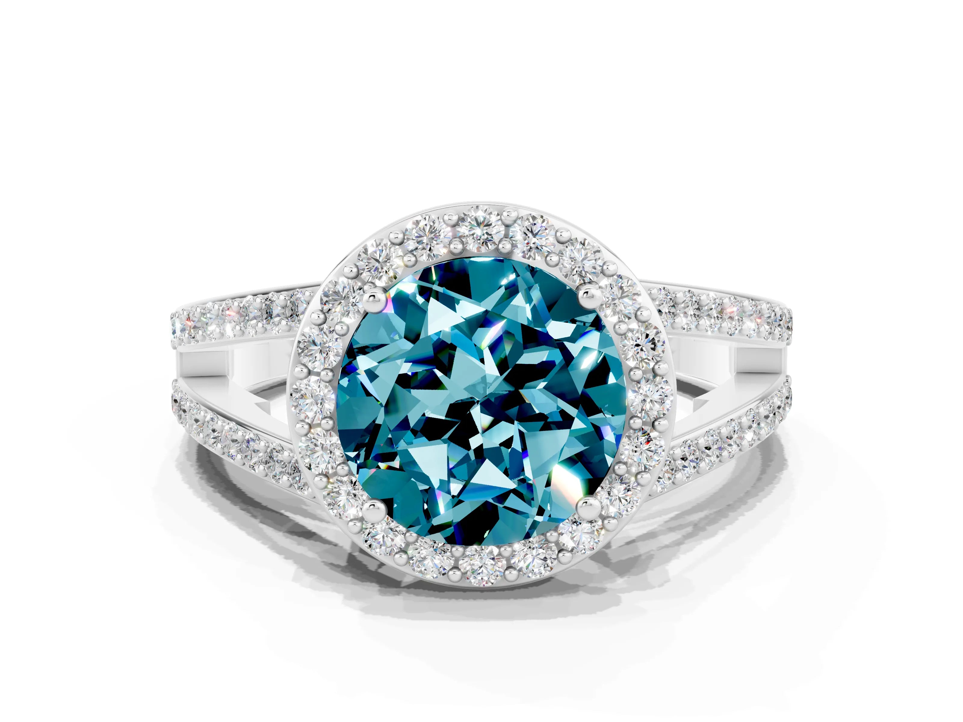 White gold Round Cut Blue Topaz Halo Ring with Split Shank U-Prong Band and Four-Prong Setting