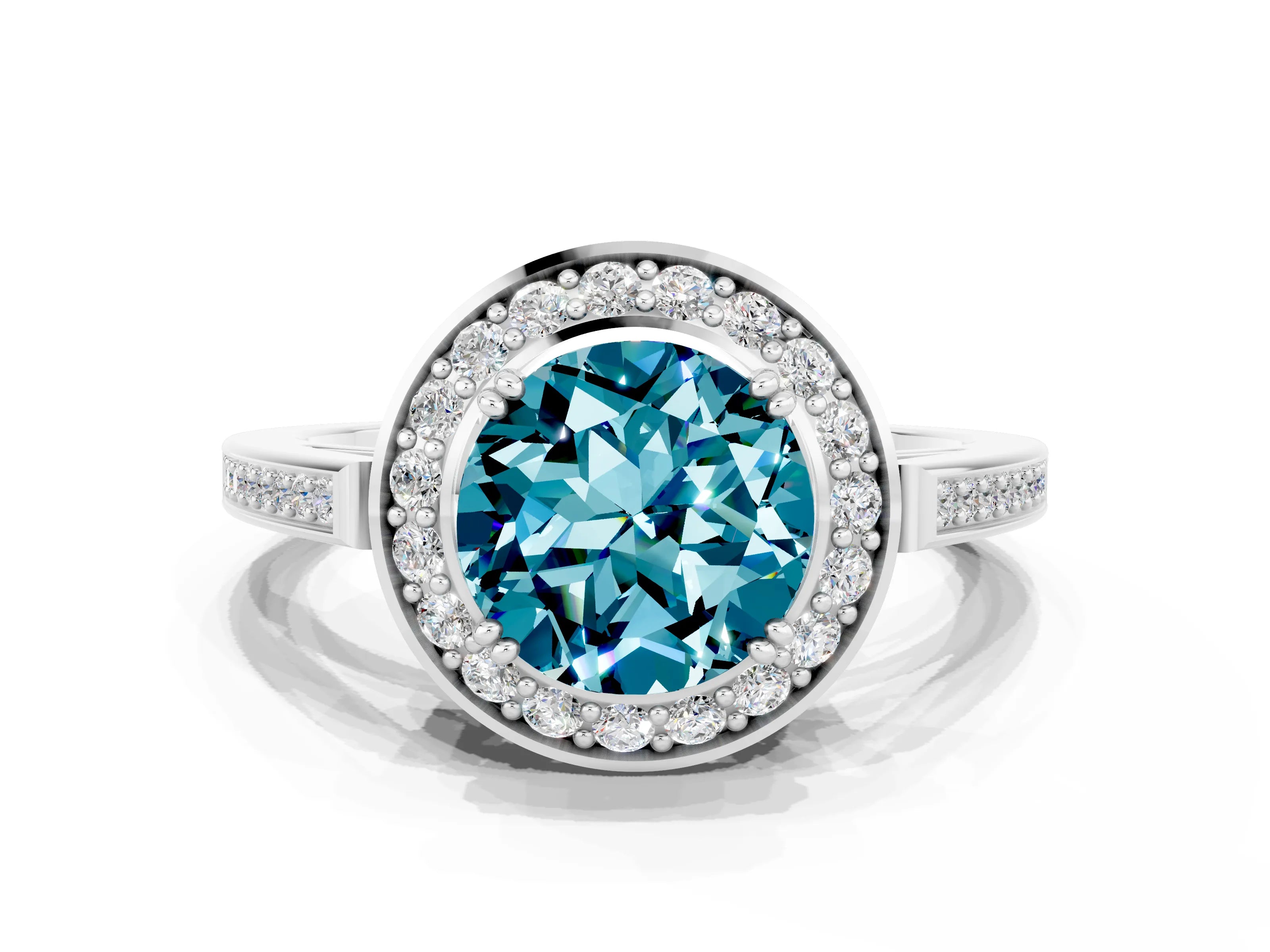 White gold Round Cut Blue Topaz Halo Ring with Split Shank and Four-Prong Setting