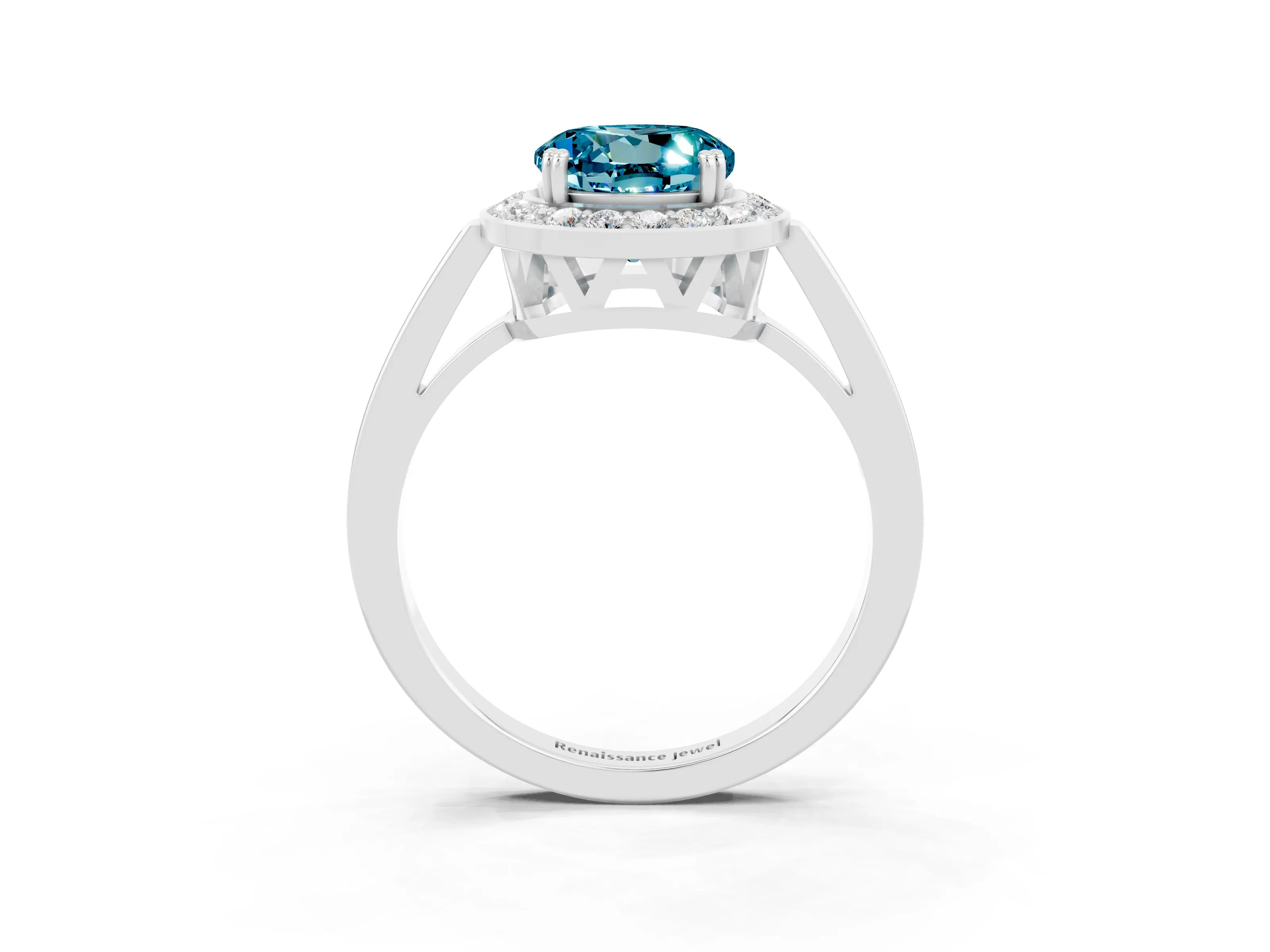 White gold Round Cut Blue Topaz Halo Ring with Split Shank and Four-Prong Setting_15