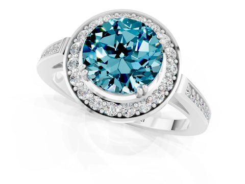 White gold Round Cut Blue Topaz Halo Ring with Split Shank and Four-Prong Setting_1