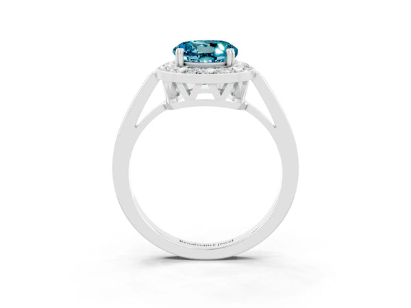 Silver Round Cut Blue Topaz Halo Ring with Split Shank and Four-Prong Setting