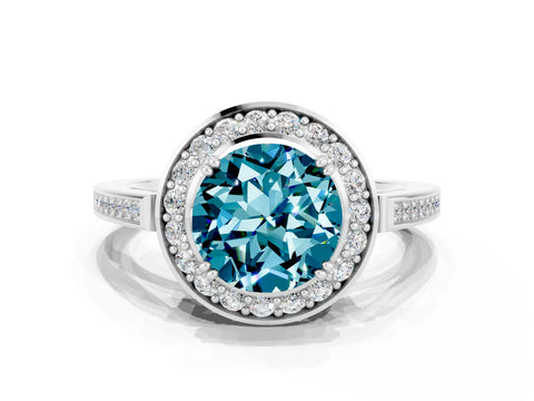 White gold Round Cut Blue Topaz Halo Ring with Split Shank and Four-Prong Setting