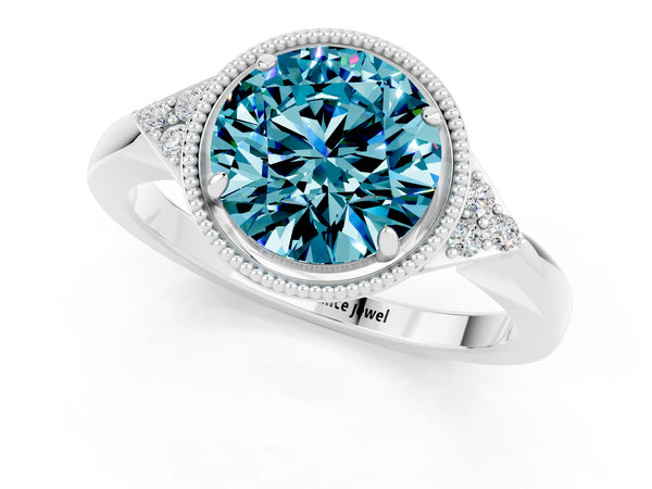 White gold Round Cut Blue Topaz Halo Ring with Tapered Band and Four-Prong Setting