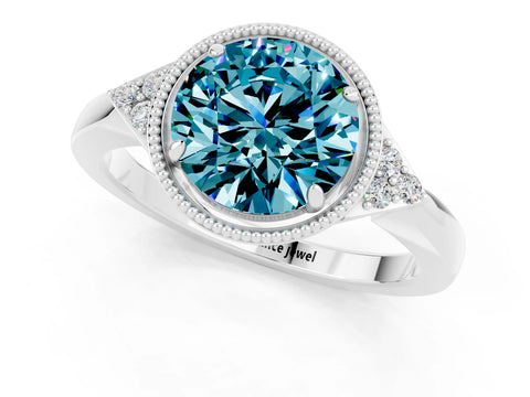 White gold Round Cut Blue Topaz Halo Ring with Tapered Band and Four-Prong Setting_1
