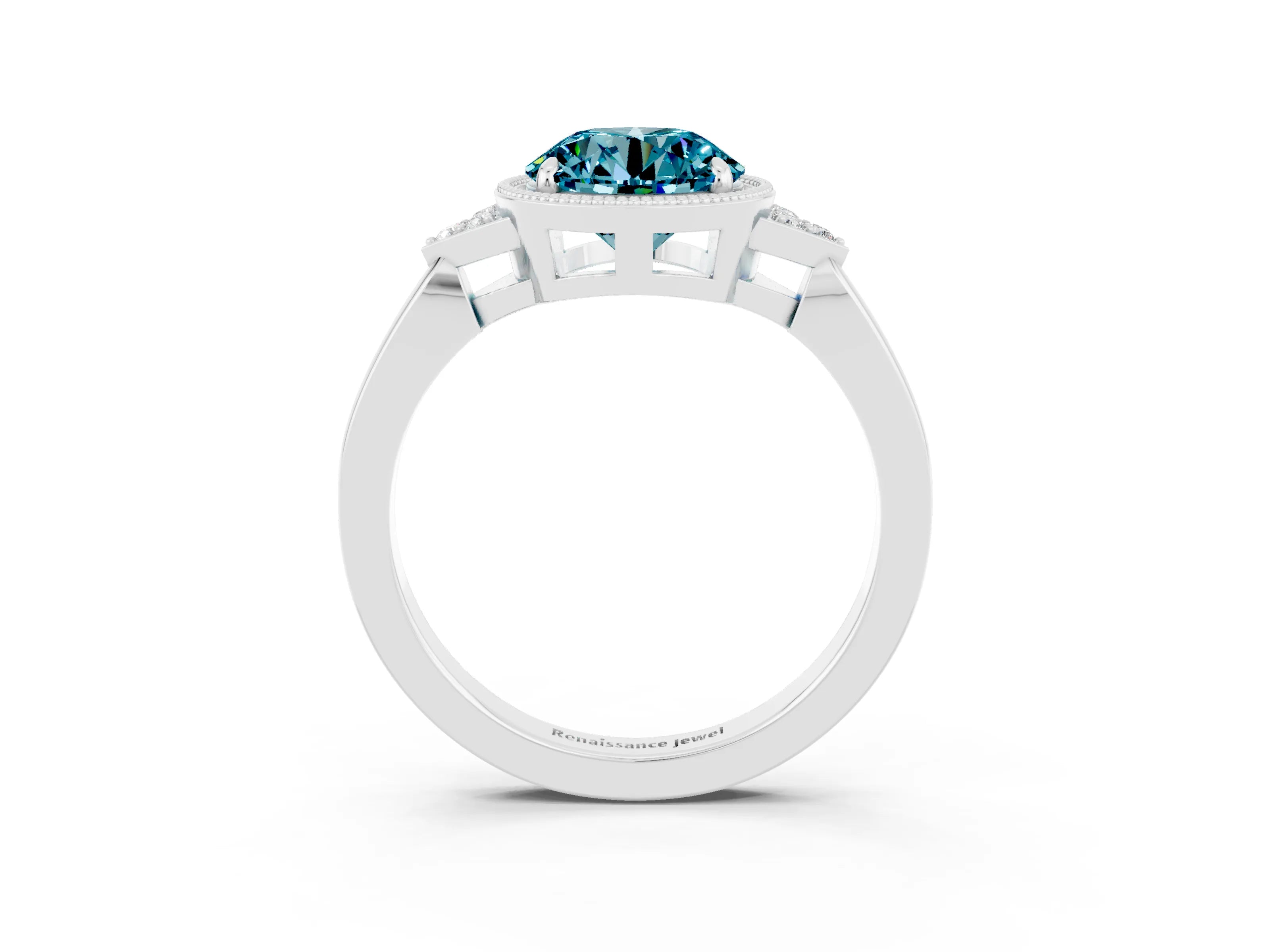 White gold Round Cut Blue Topaz Halo Ring with Tapered Band and Four-Prong Setting_3