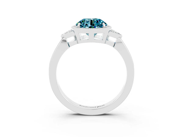 White gold Round Cut Blue Topaz Halo Ring with Tapered Band and Four-Prong Setting