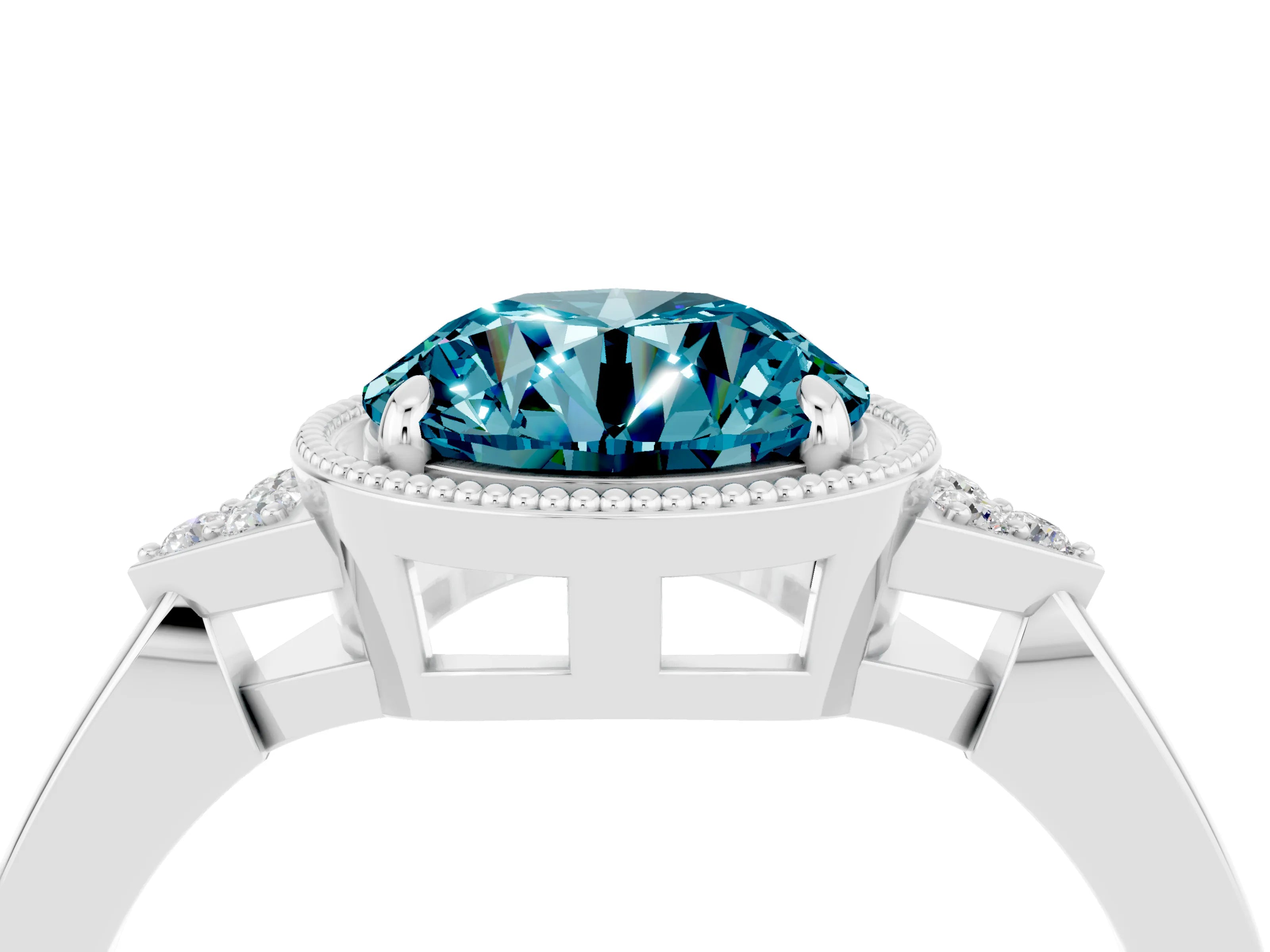 White gold Round Cut Blue Topaz Halo Ring with Tapered Band and Four-Prong Setting_4