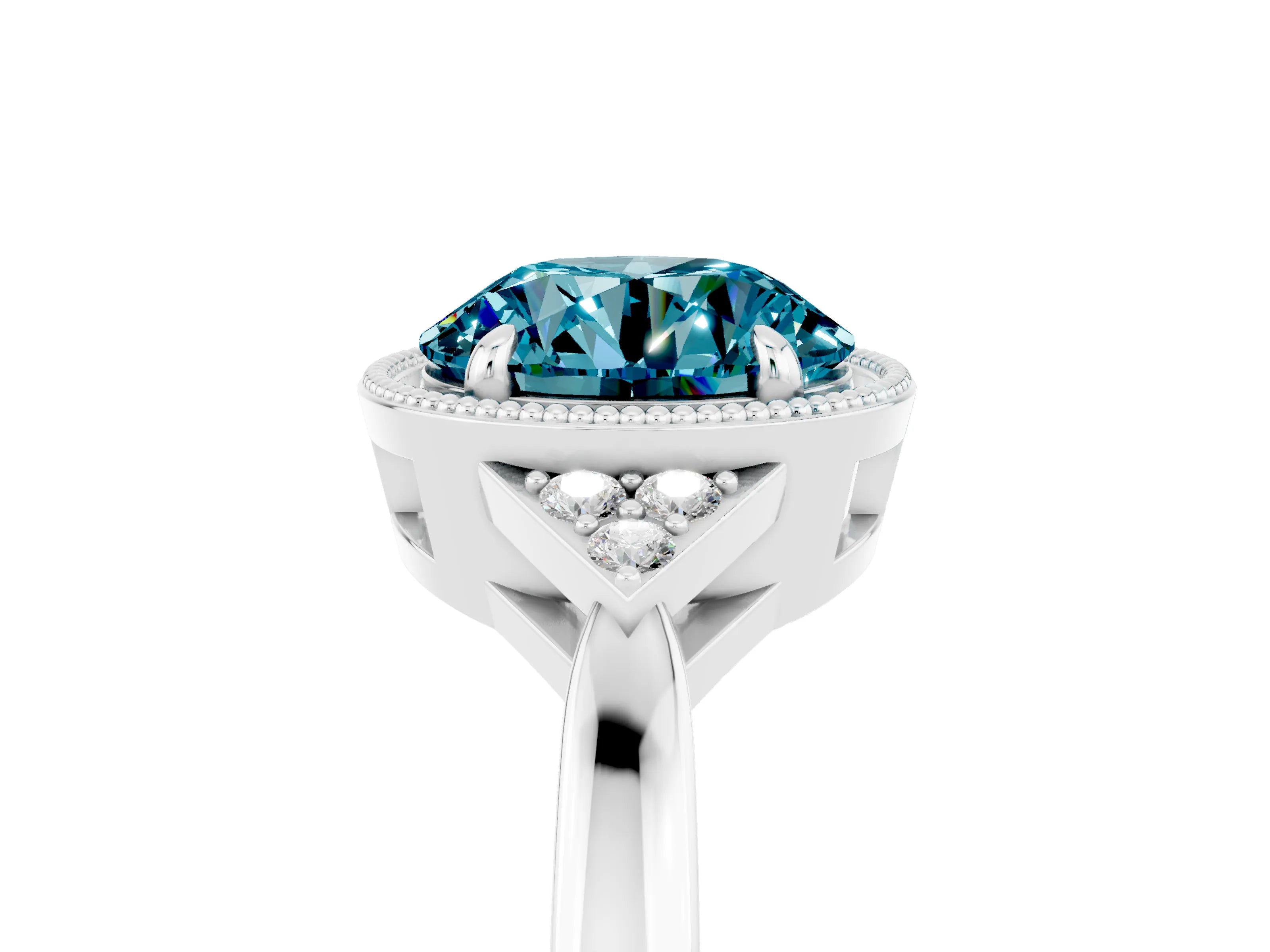 White gold Round Cut Blue Topaz Halo Ring with Tapered Band and Four-Prong Setting_5