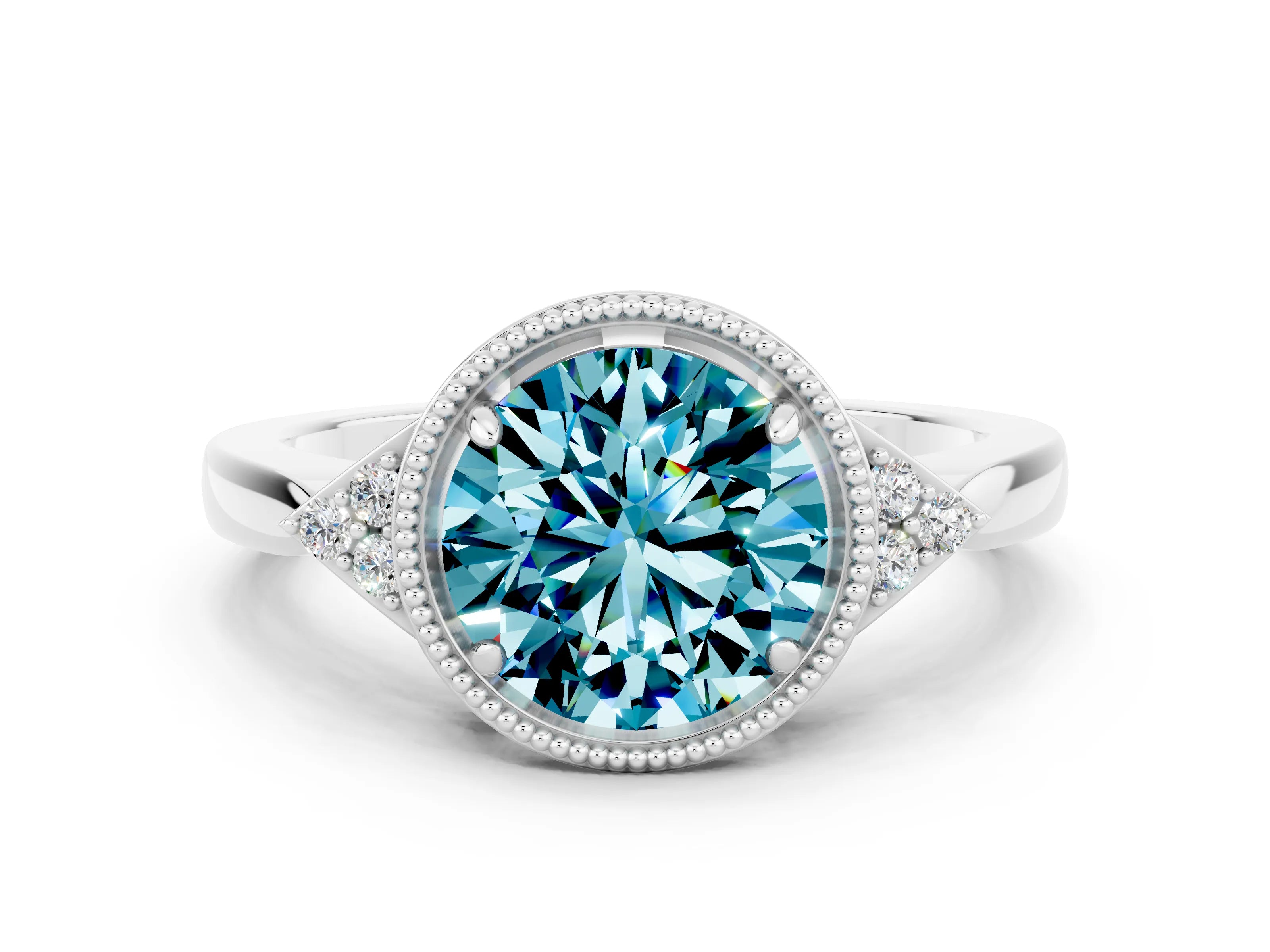White gold Round Cut Blue Topaz Halo Ring with Tapered Band and Four-Prong Setting