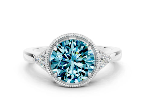 White gold Round Cut Blue Topaz Halo Ring with Tapered Band and Four-Prong Setting