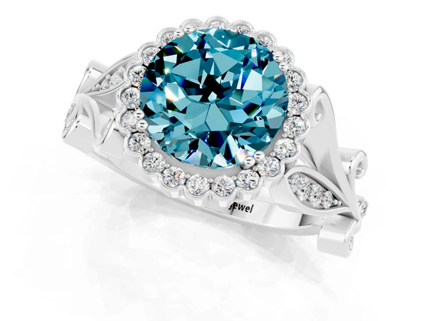 White gold Round Cut Blue Topaz Halo Ring with Vintage Split Shank and Four-Prong Setting