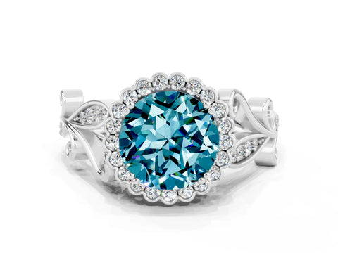 White gold Round Cut Blue Topaz Halo Ring with Vintage Split Shank and Four-Prong Setting_31