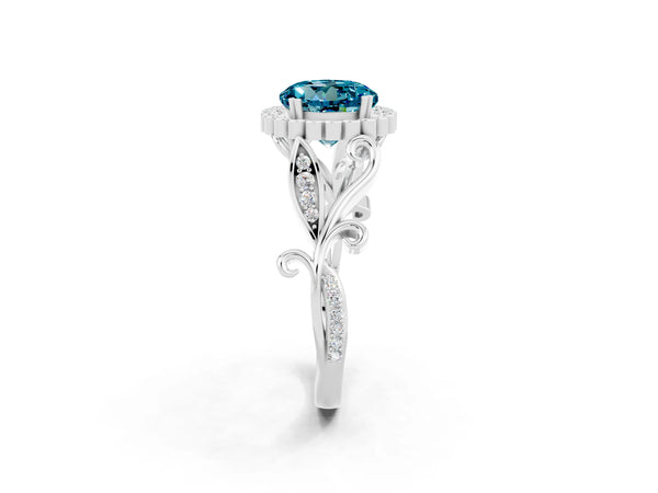 White gold Round Cut Blue Topaz Halo Ring with Vintage Split Shank and Four-Prong Setting