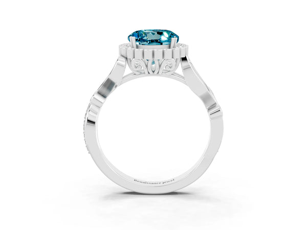 White gold Round Cut Blue Topaz Halo Ring with Vintage Split Shank and Four-Prong Setting