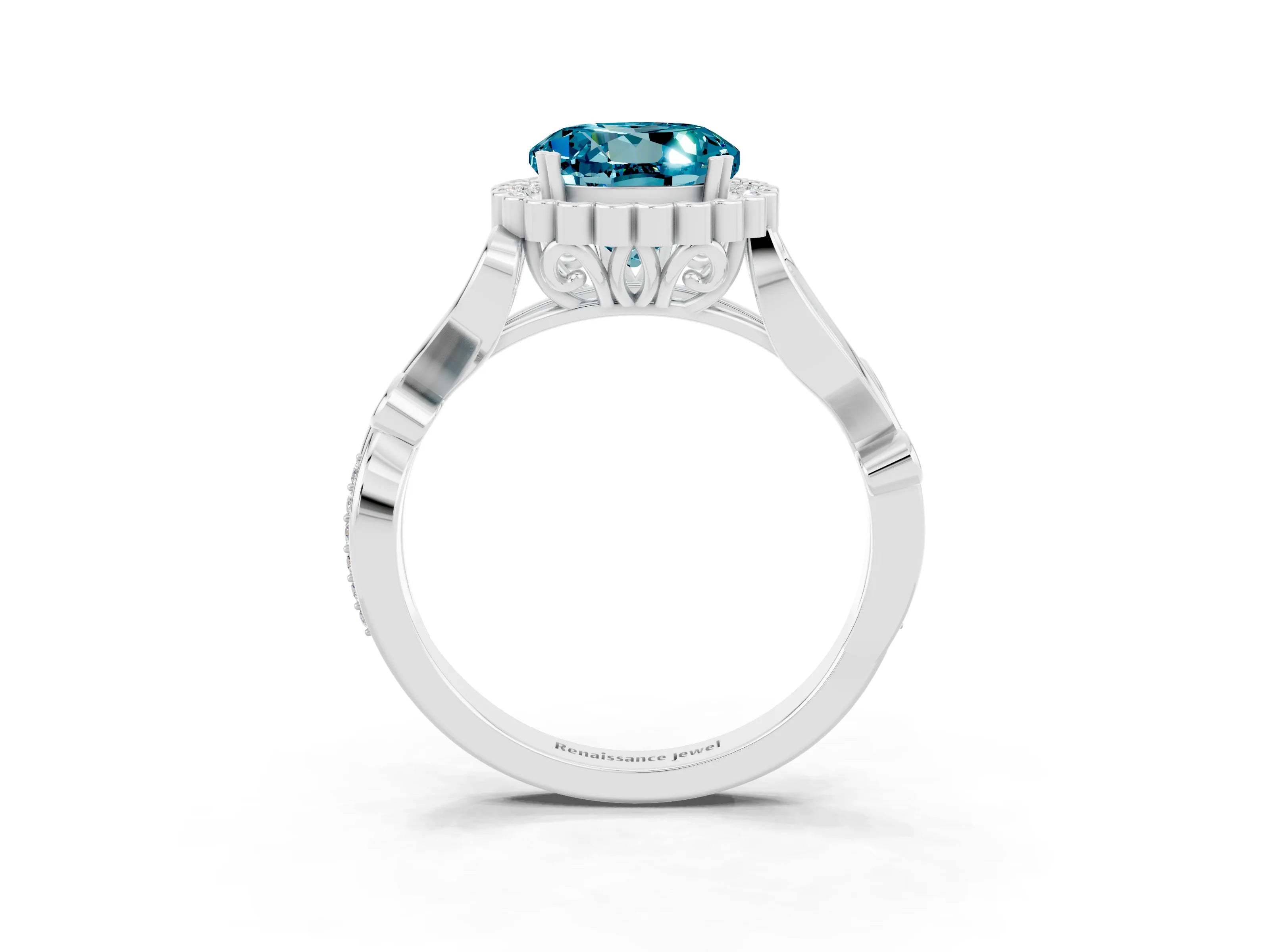 White gold Round Cut Blue Topaz Halo Ring with Vintage Split Shank and Four-Prong Setting_34