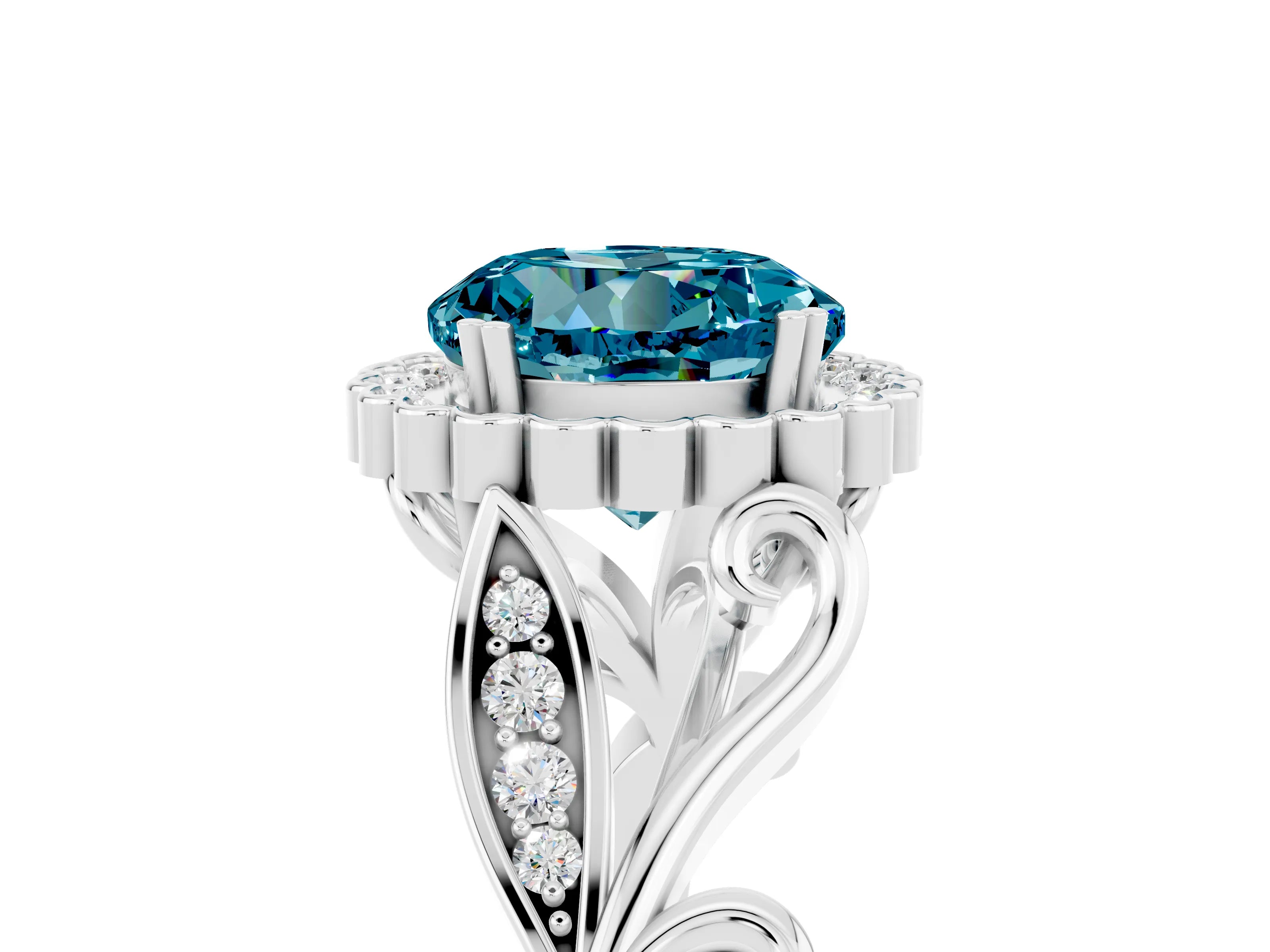 White gold Round Cut Blue Topaz Halo Ring with Vintage Split Shank and Four-Prong Setting_35