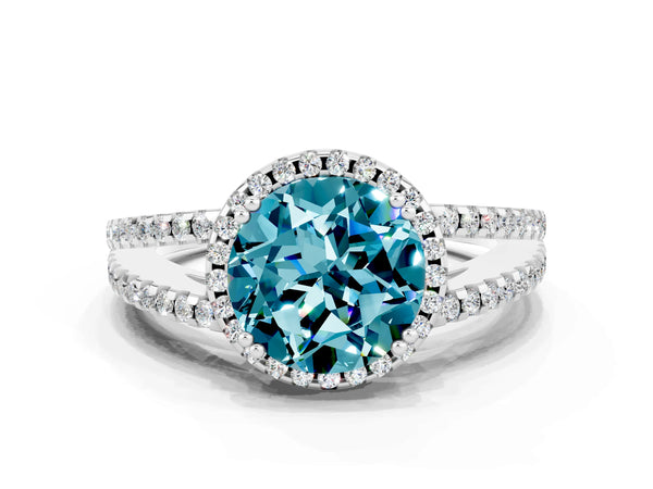 Platinum Round Cut Blue Topaz Halo Split Shank Engagement Ring