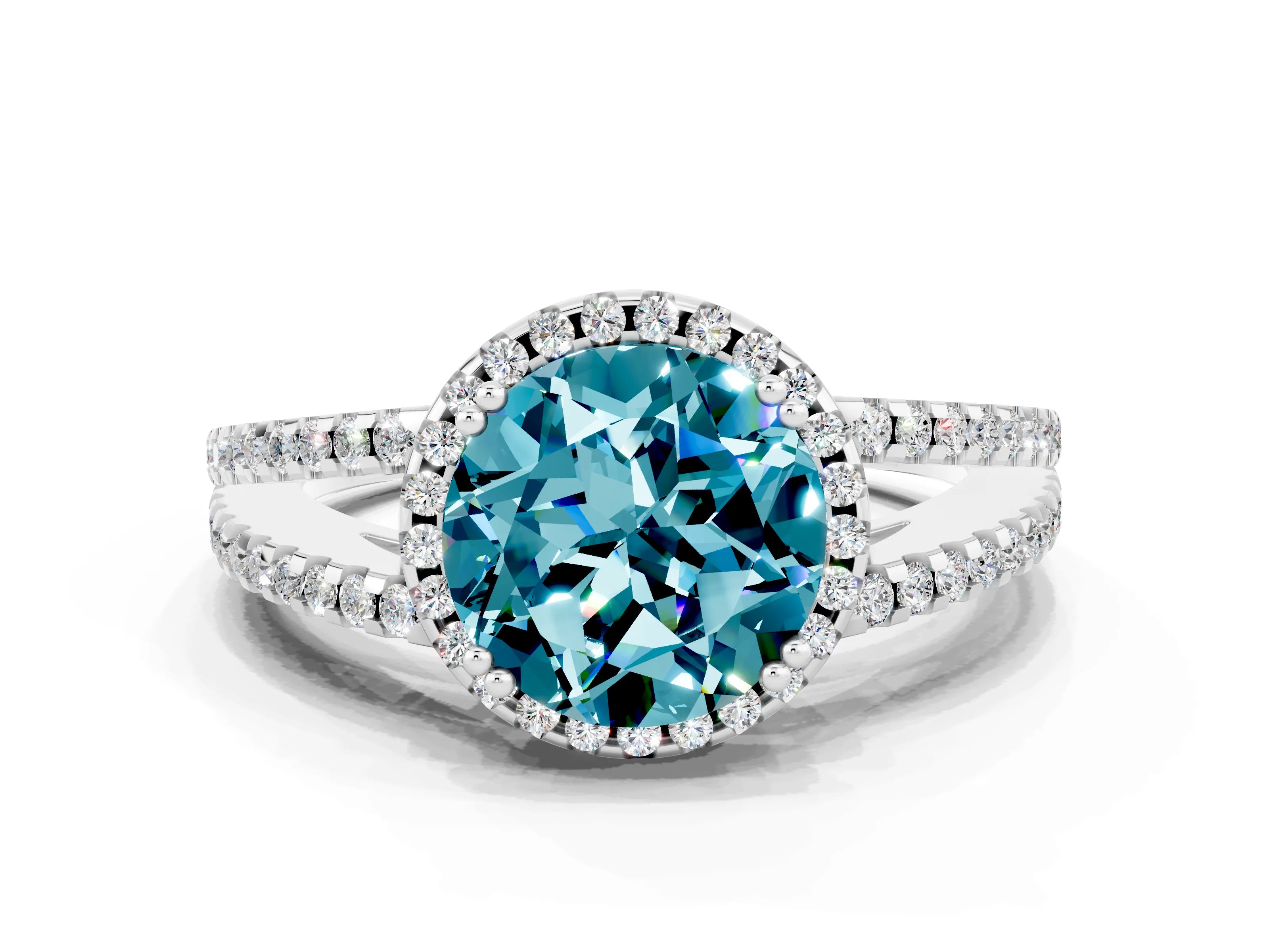 White gold Round Cut Blue Topaz Halo Split Shank Engagement Ring_12
