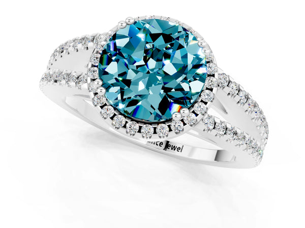 Platinum Round Cut Blue Topaz Halo Split Shank Engagement Ring