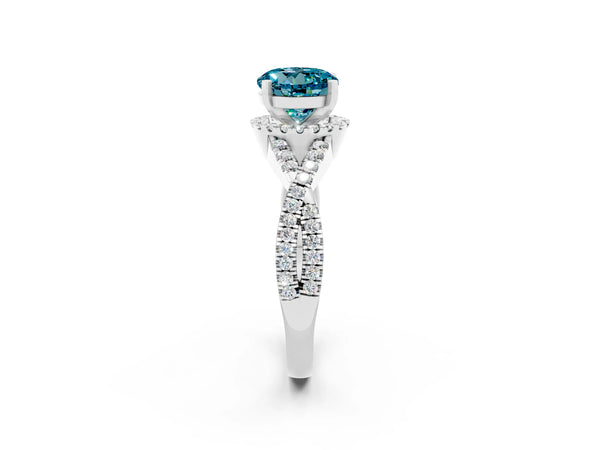 White gold Round Cut Blue Topaz  Halo Twist Band Solitaire Prong Setting Ring