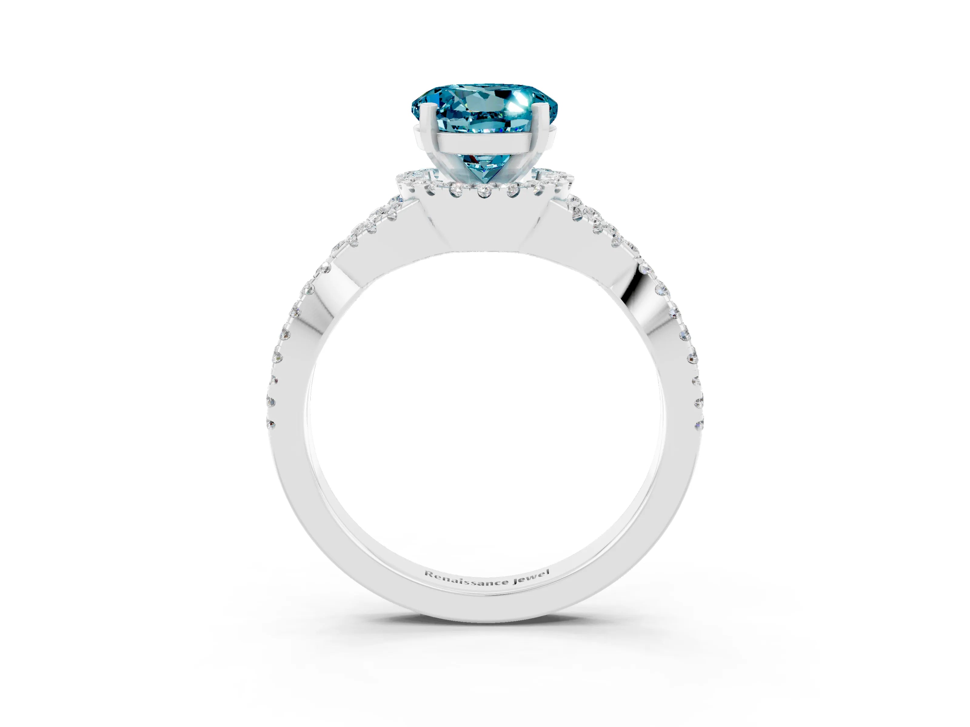 White gold Round Cut Blue Topaz Halo Twist Band Solitaire Prong Setting Ring_3