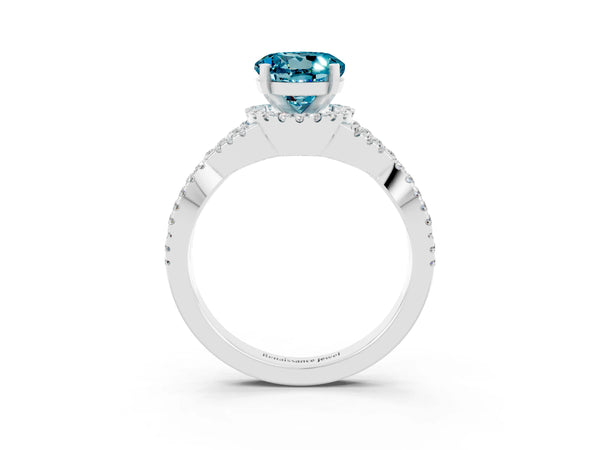 Silver Round Cut Blue Topaz  Halo Twist Band Solitaire Prong Setting Ring