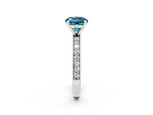 Platinum Round Cut Blue Topaz Milgrain Pavé Engagement Ring with Four-Prong Setting
