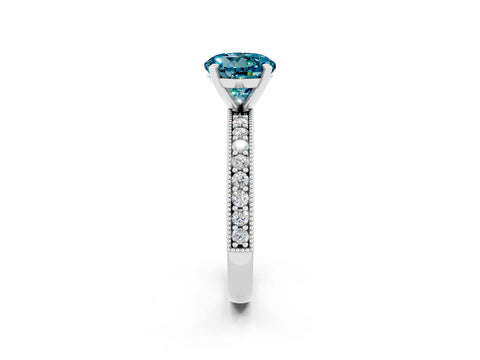 White gold Round Cut Blue Topaz Milgrain Pavé Engagement Ring with Four-Prong Setting_2