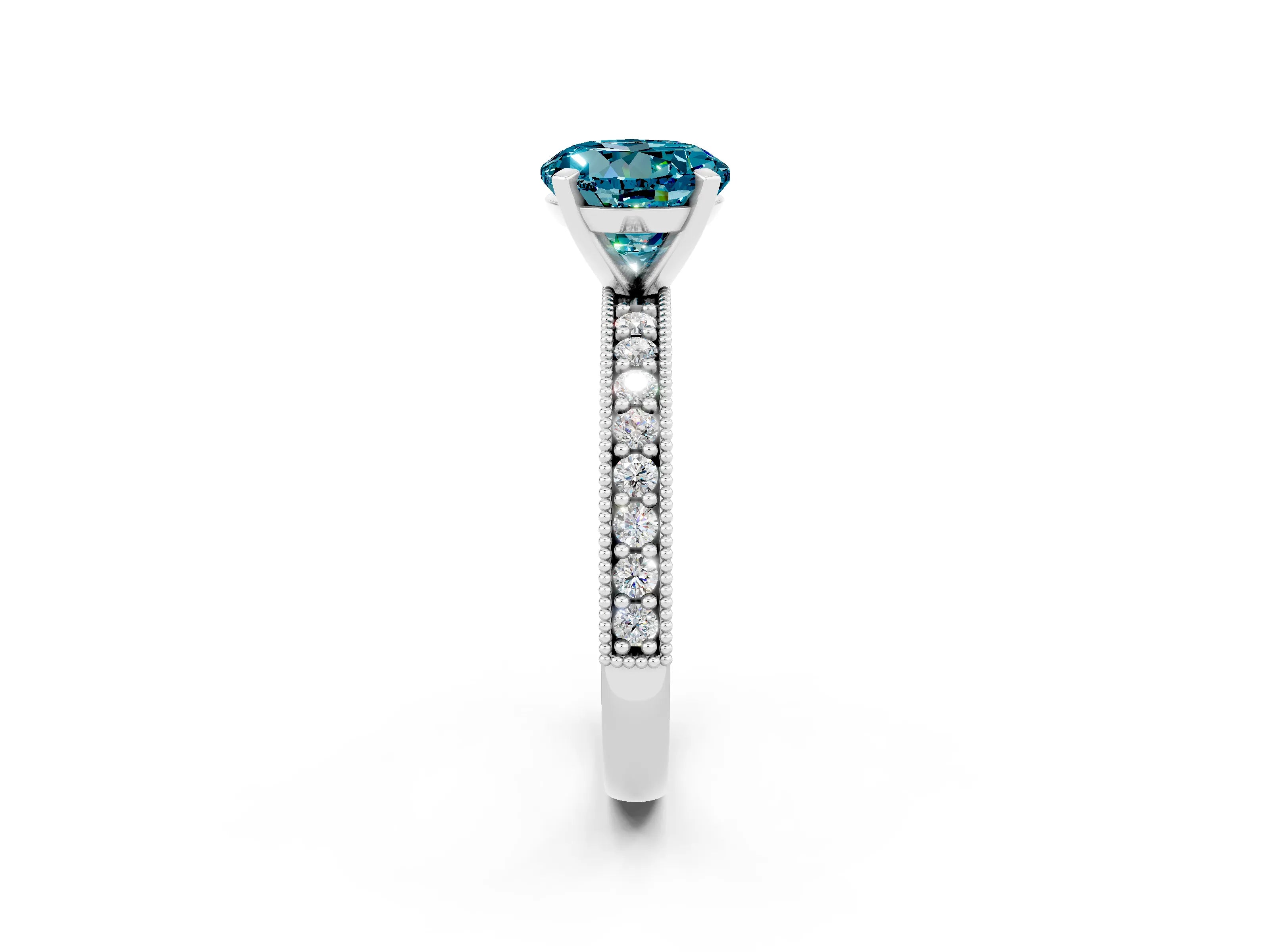 White gold Round Cut Blue Topaz Milgrain Pavé Engagement Ring with Four-Prong Setting_2