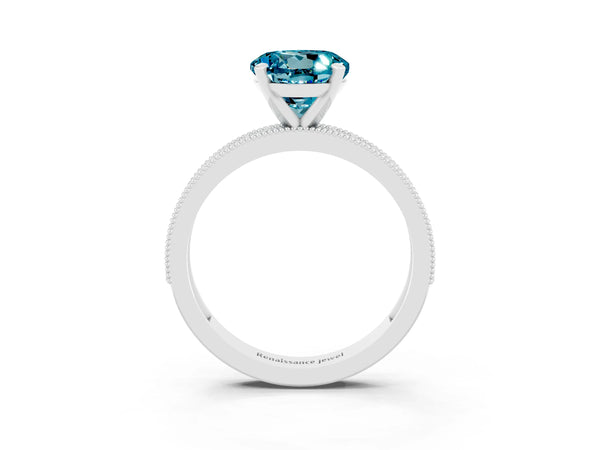 Platinum Round Cut Blue Topaz Milgrain Pavé Engagement Ring with Four-Prong Setting