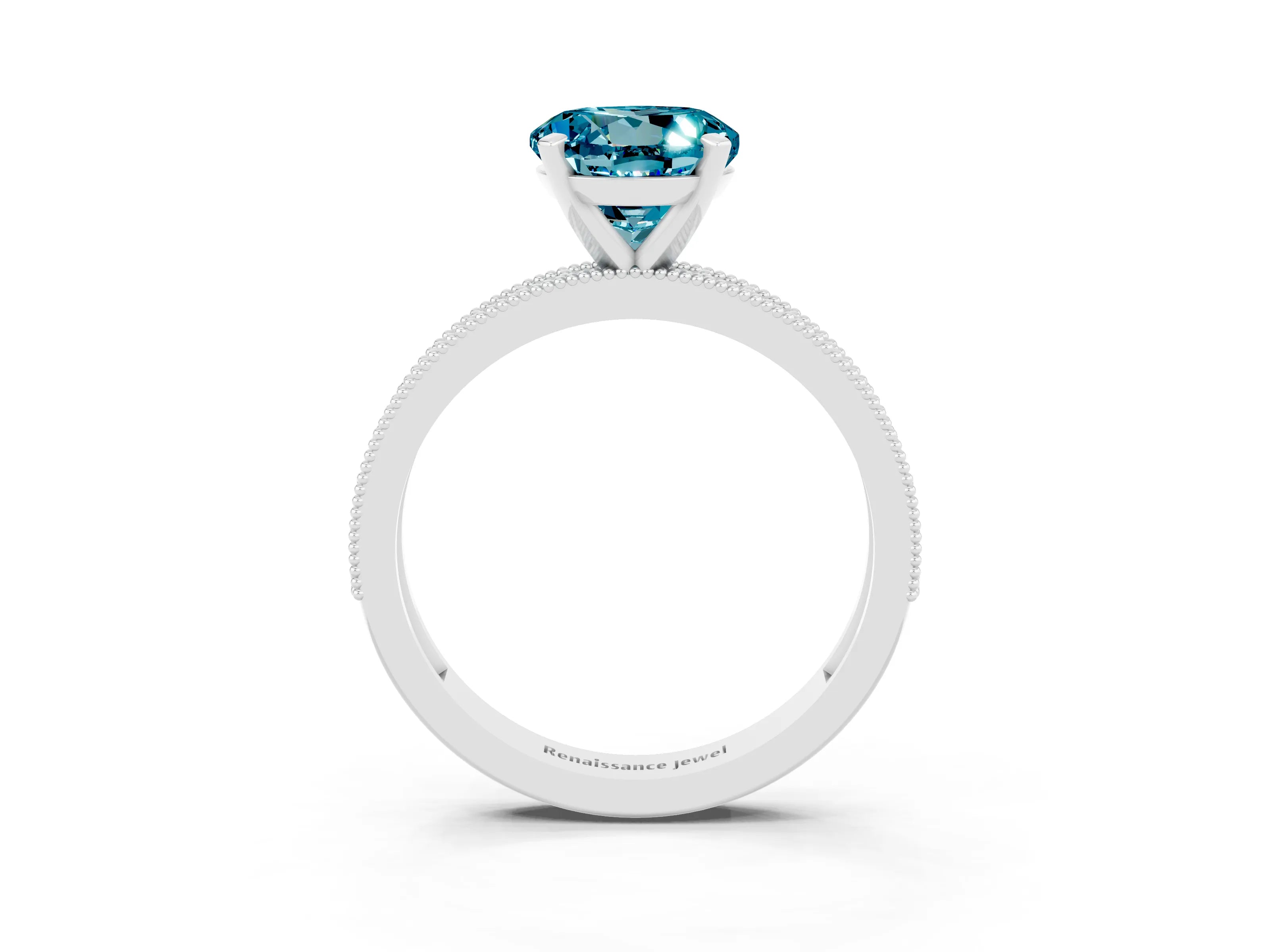 White gold Round Cut Blue Topaz Milgrain Pavé Engagement Ring with Four-Prong Setting_3