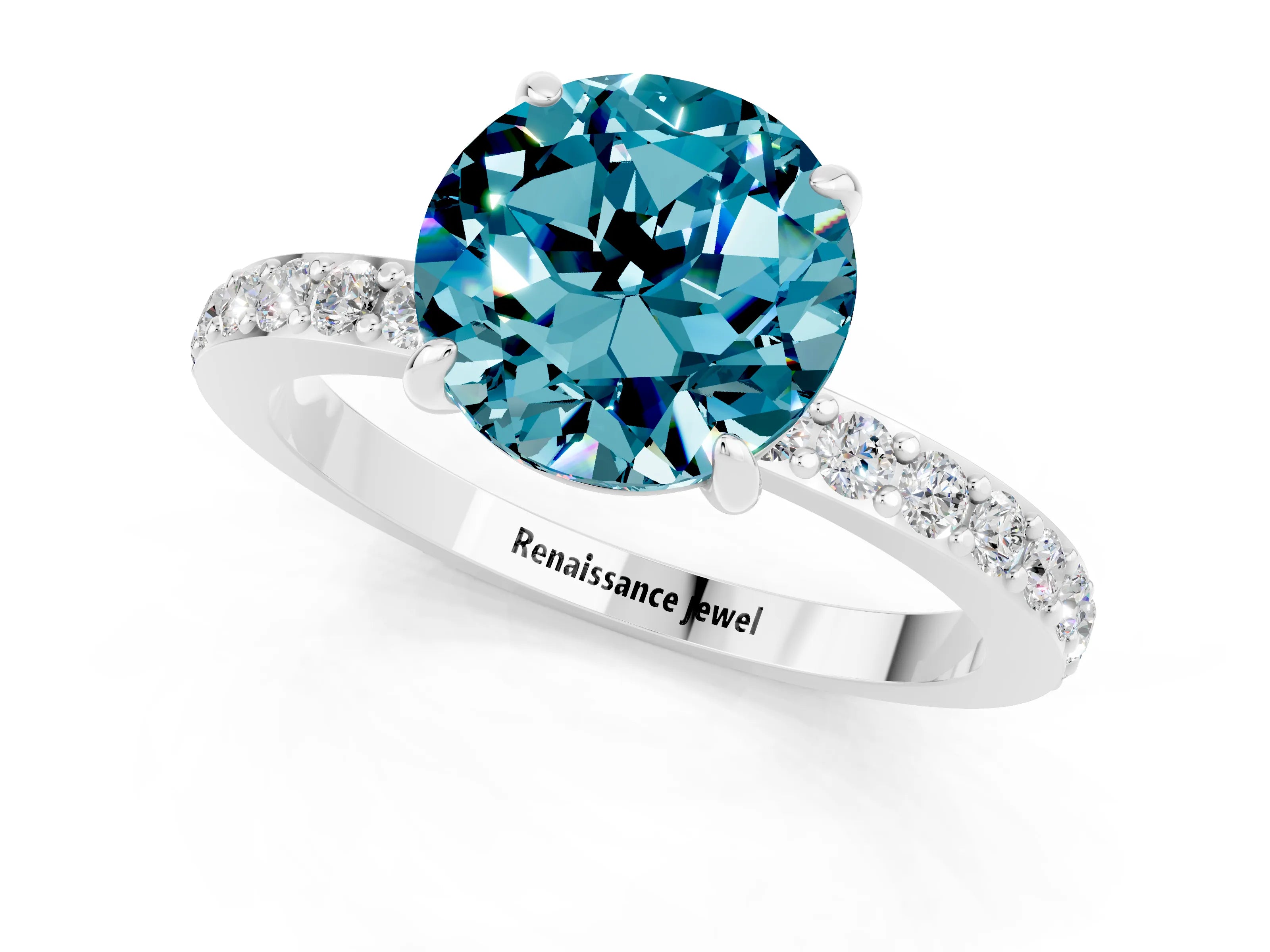 White gold Round Cut Blue Topaz Pavé Engagement Ring with Round  Accents and Prong Setting_25