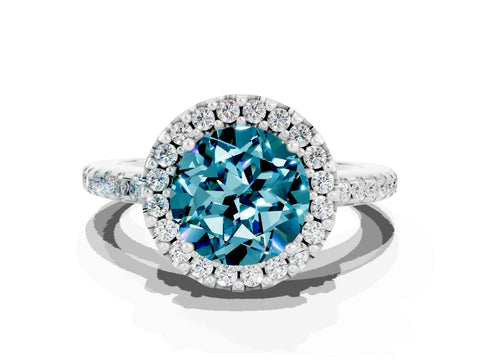 White gold Round Cut Blue Topaz Pavé Halo Ring with Four-Prong Setting_12