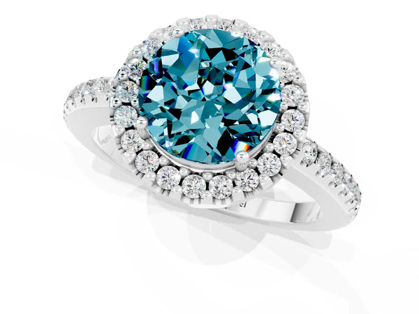 Platinum Round Cut Blue Topaz Pavé Halo Ring with Four-Prong Setting