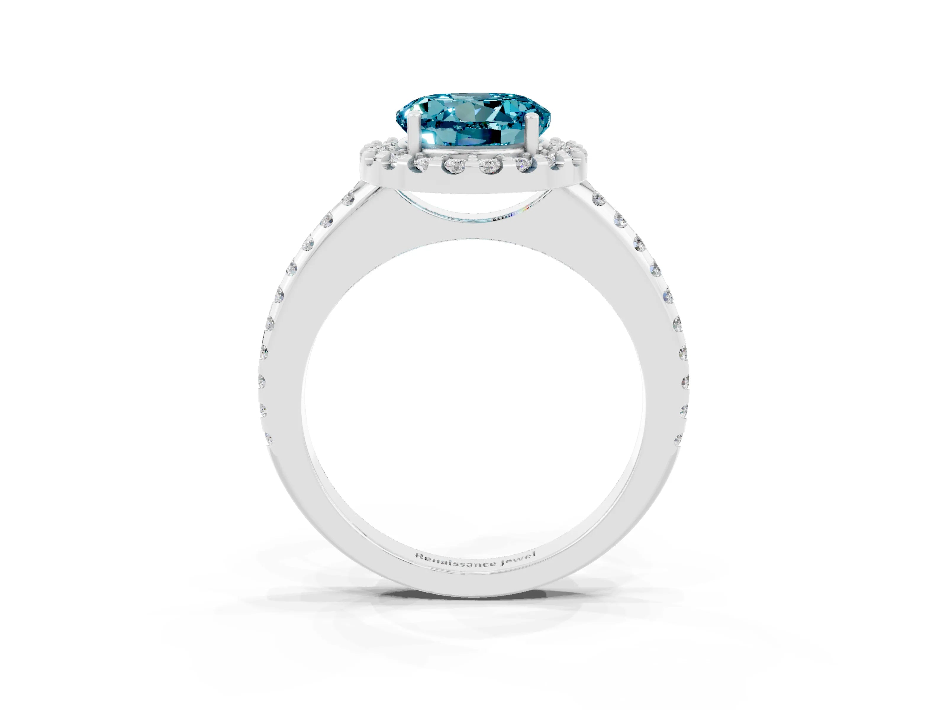 White gold Round Cut Blue Topaz Pavé Halo Ring with Four-Prong Setting_15