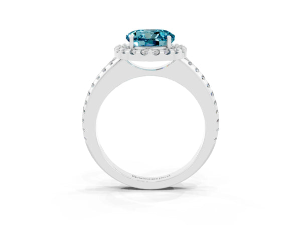 White gold Round Cut Blue Topaz Pavé Halo Ring with Four-Prong Setting