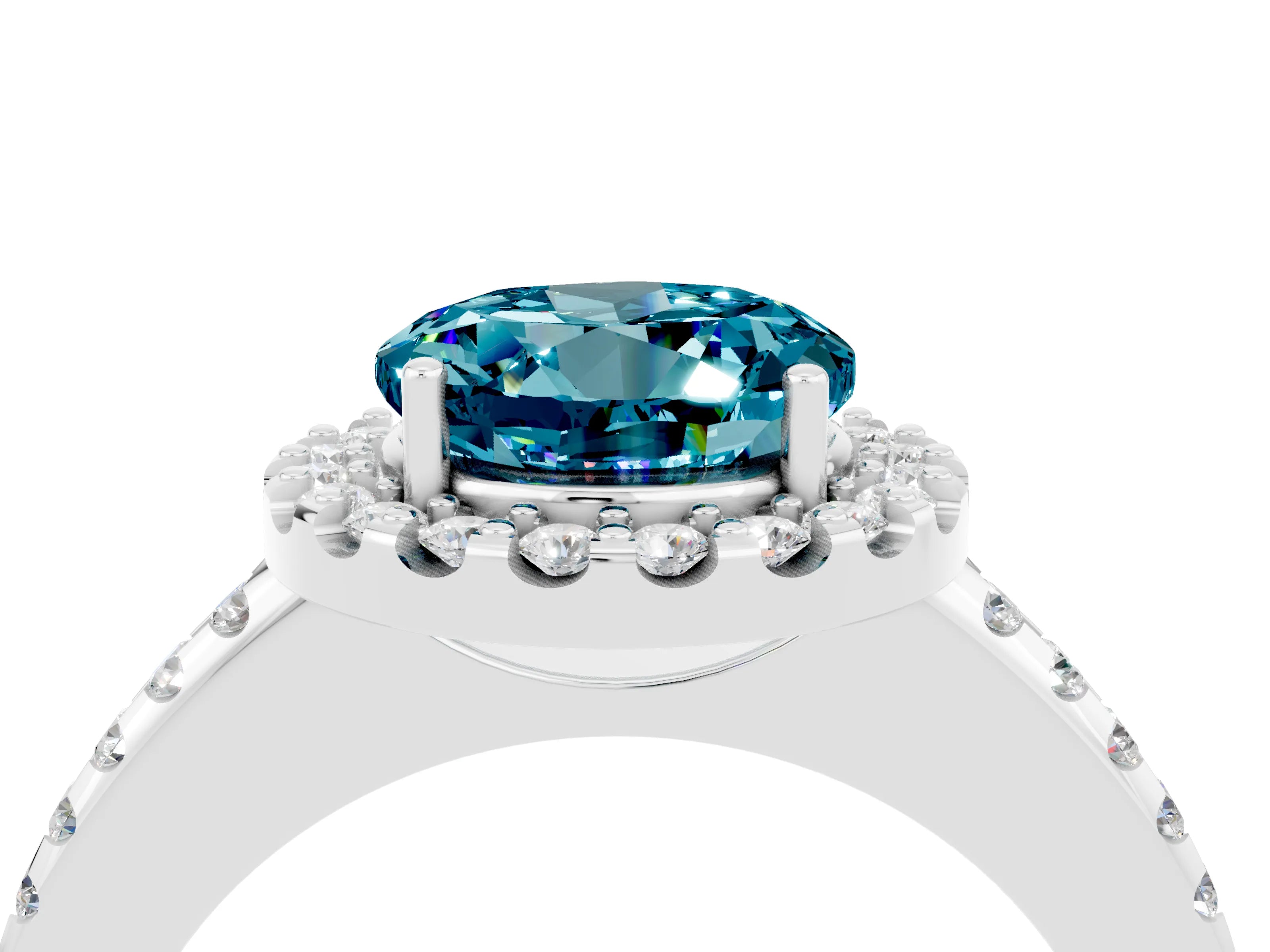 White gold Round Cut Blue Topaz Pavé Halo Ring with Four-Prong Setting_16