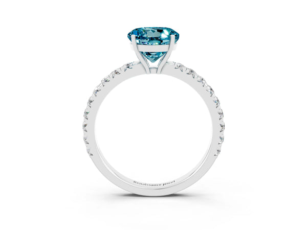 White gold Round Cut Blue Topaz Pavé Solitaire Engagement Ring with Four-Prong Setting
