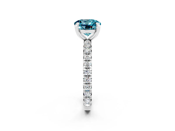 Platinum Round Cut Blue Topaz Pavé Solitaire Ring with Round Band and Prong Setting