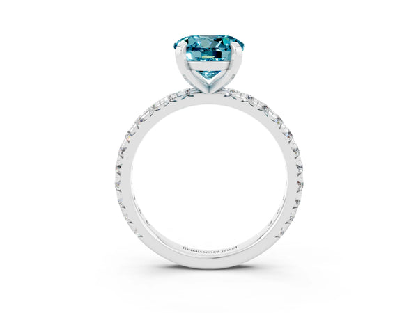 Silver Round Cut Blue Topaz Pavé Solitaire Ring with Round Band and Prong Setting
