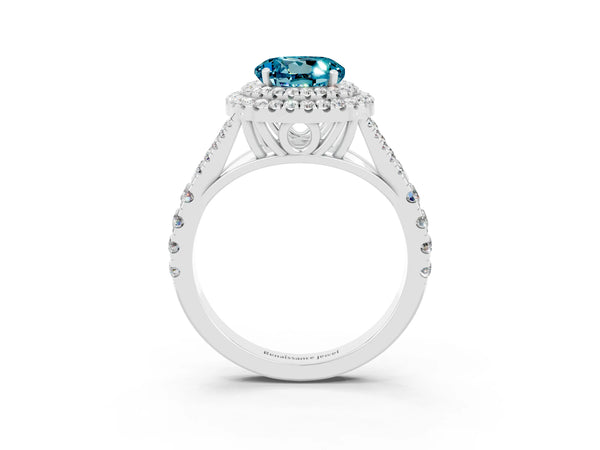 Platinum Round Cut Blue Topaz Pavé Split Shank Double Halo Engagement Ring