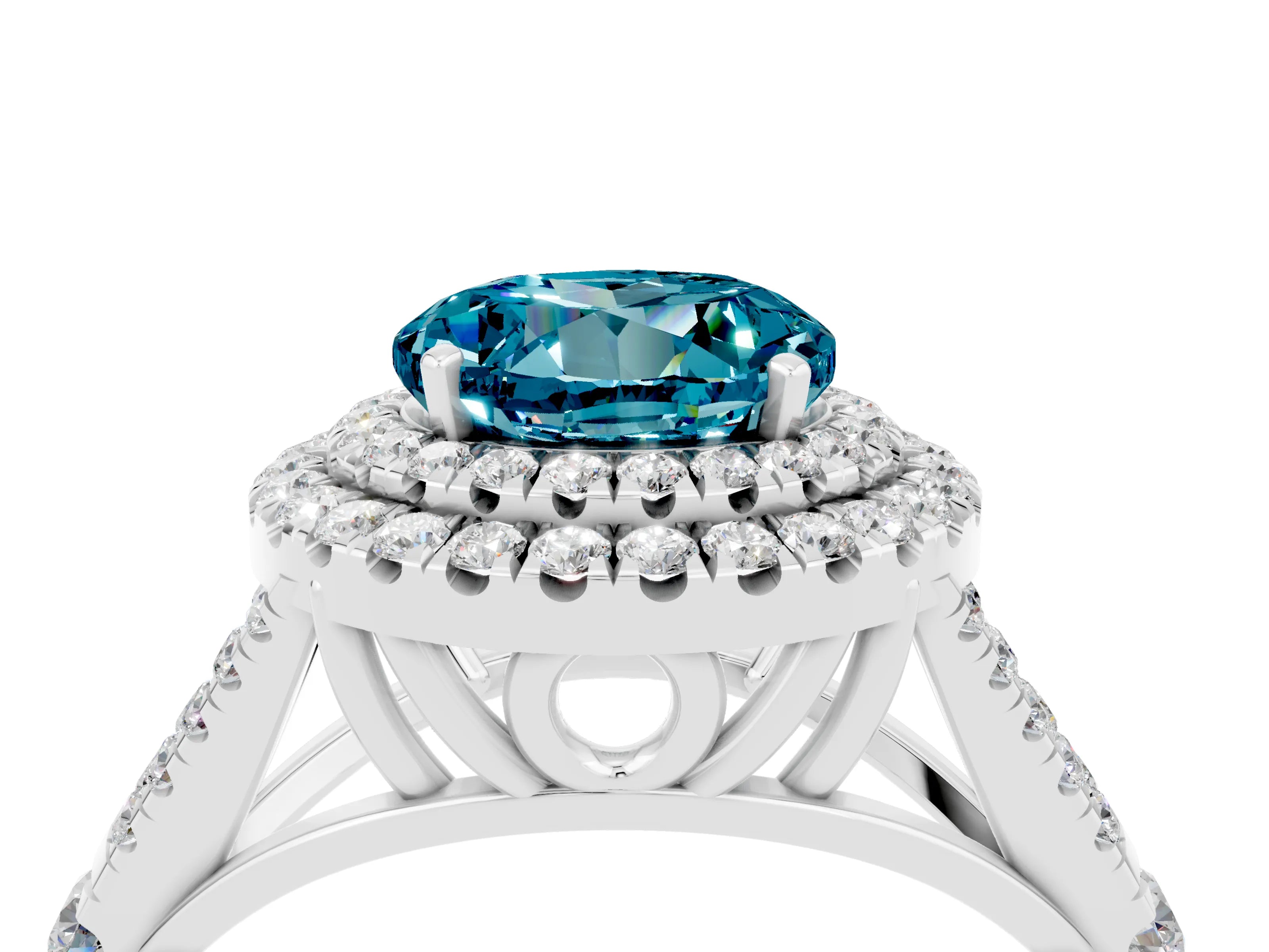 White gold Round Cut Blue Topaz Pavé Split Shank Double Halo Engagement Ring_4