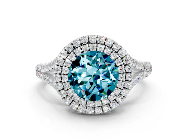 Silver Round Cut Blue Topaz Pavé Split Shank Double Halo Engagement Ring