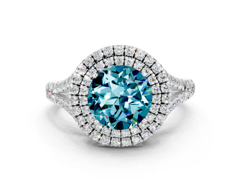 White gold Round Cut Blue Topaz Pavé Split Shank Double Halo Engagement Ring