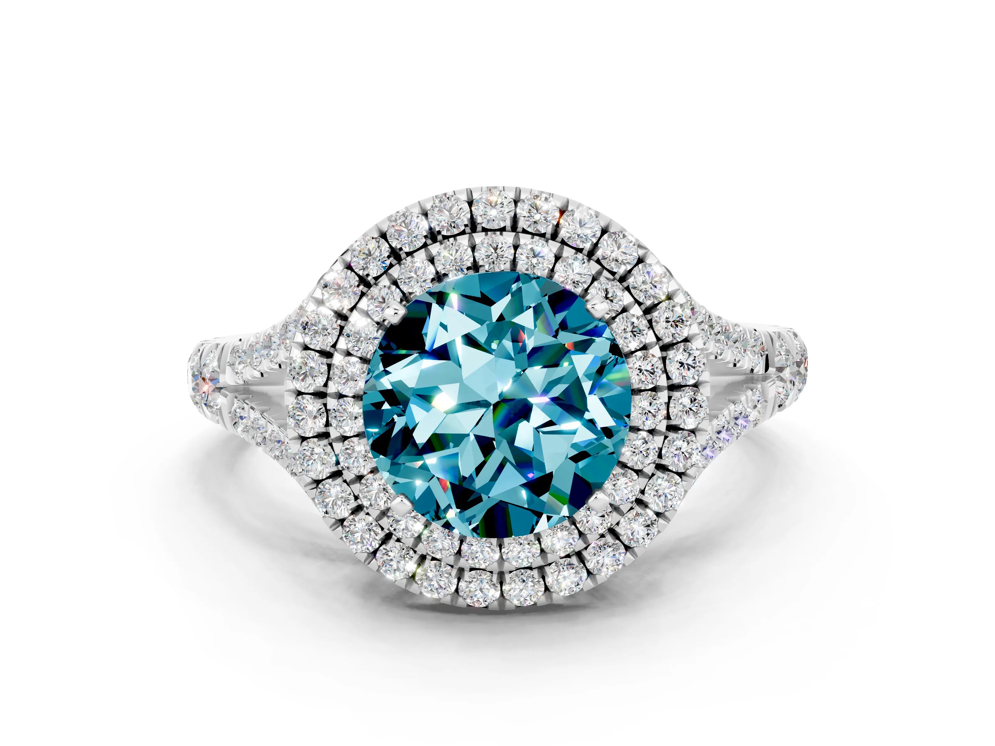 White gold Round Cut Blue Topaz Pavé Split Shank Double Halo Engagement Ring